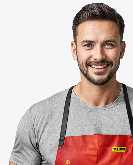 Man Wearing an Apron and a T-Shirt Mockup