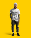 An Irishman with Tattoos Wearing a T-Shirt, Beanie Hat and Pants Mockup