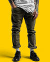 An Irishman with Tattoos Wearing a T-Shirt, Beanie Hat and Pants Mockup