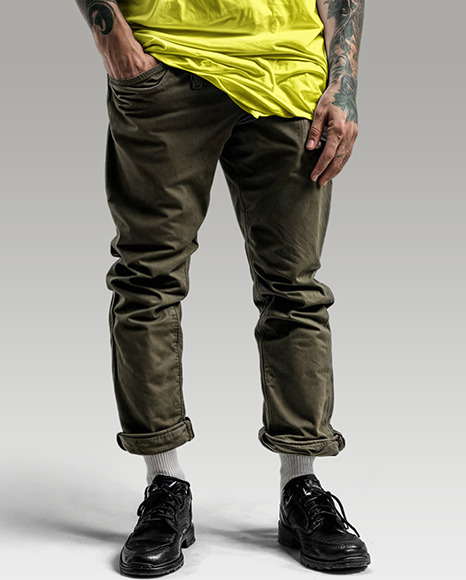 An Irishman with Tattoos Wearing a T-Shirt, Beanie Hat and Pants Mockup