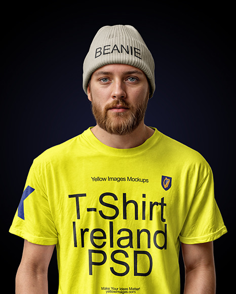 Bearded Irishman Wearing a T-Shirt and Beanie Hat Mockup