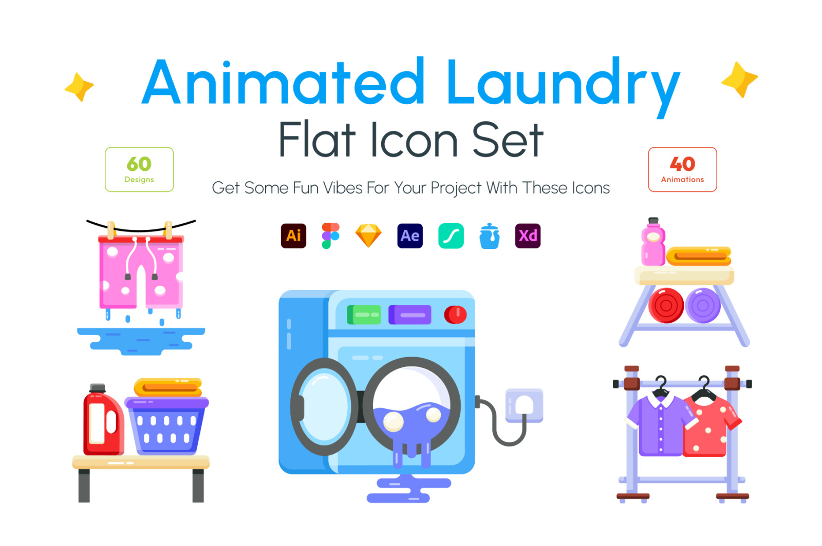 Animated Laundry Flat Icons on Yellow Images Creative Store - 136767