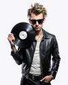 Man with Vinyl Record Wearing a Leather Jacket and T-Shirt Mockup
