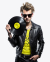 Man with Vinyl Record Wearing a Leather Jacket and T-Shirt Mockup