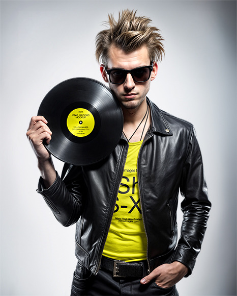 Man with Vinyl Record Wearing a Leather Jacket and T-Shirt Mockup