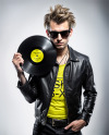 Man with Vinyl Record Wearing a Leather Jacket and T-Shirt Mockup