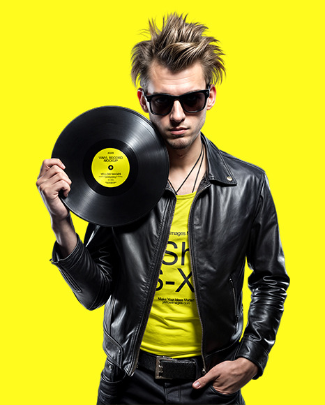 Man with Vinyl Record Wearing a Leather Jacket and T-Shirt Mockup