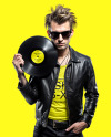 Man with Vinyl Record Wearing a Leather Jacket and T-Shirt Mockup