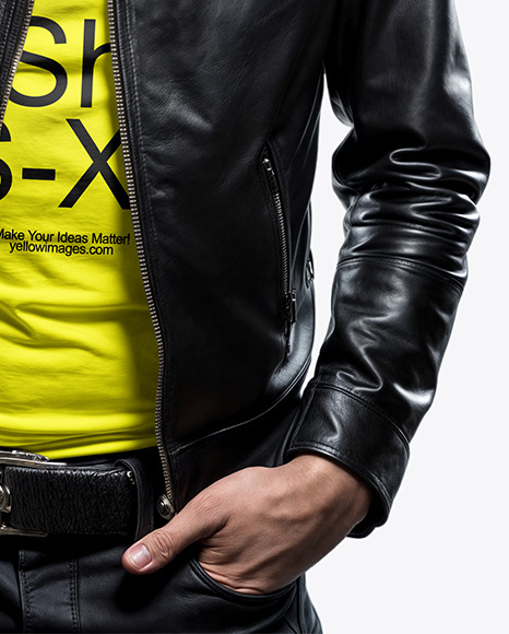 Man with Vinyl Record Wearing a Leather Jacket and T-Shirt Mockup