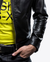 Man with Vinyl Record Wearing a Leather Jacket and T-Shirt Mockup