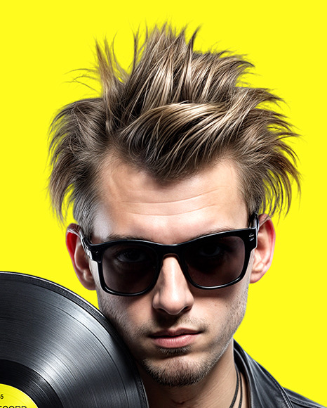Man with Vinyl Record Wearing a Leather Jacket and T-Shirt Mockup