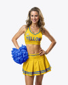 Young Cheerleader Woman with Pom Pom Wearing Crop Top and Skirt Mockup