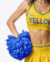 Young Cheerleader Woman with Pom Pom Wearing Crop Top and Skirt Mockup