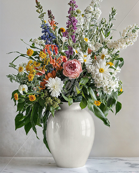 Glossy Ceramic Vase with a Bouquet of Flowers Mockup