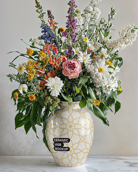 Glossy Ceramic Vase with a Bouquet of Flowers Mockup