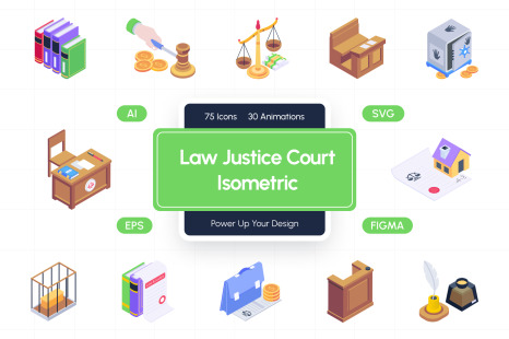 Law and Justice Isometric Icons - Courtroom furniture