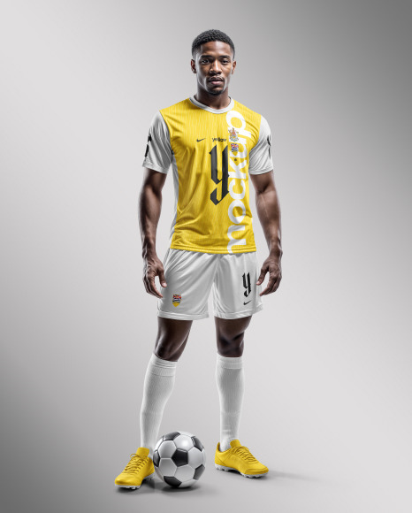 A Black Man Wearing a Full Soccer Kit with a Ball Mockup