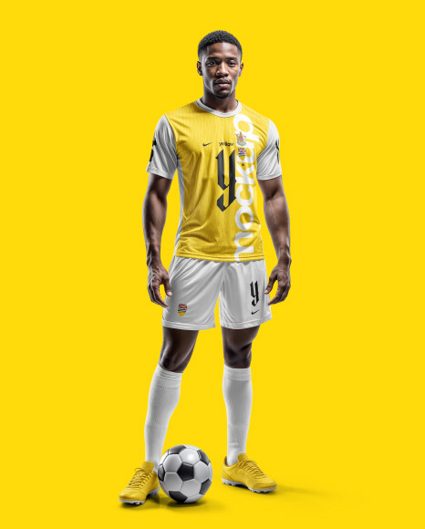 A Black Man Wearing a Full Soccer Kit with a Ball Mockup