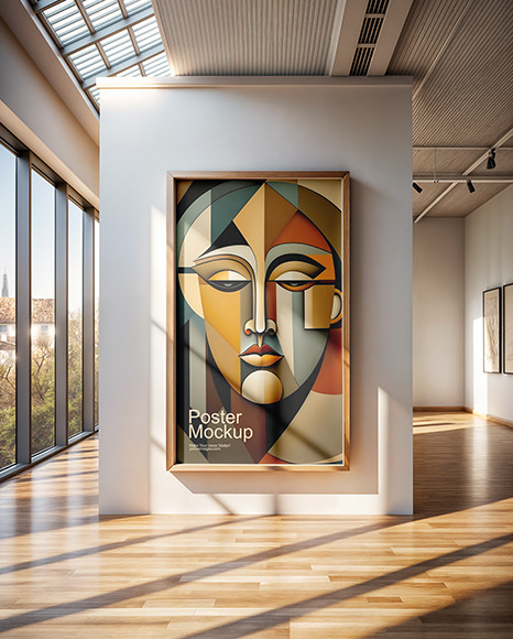 Big Poster with Wooden Frame in Art Gallery Mockup - Free Download