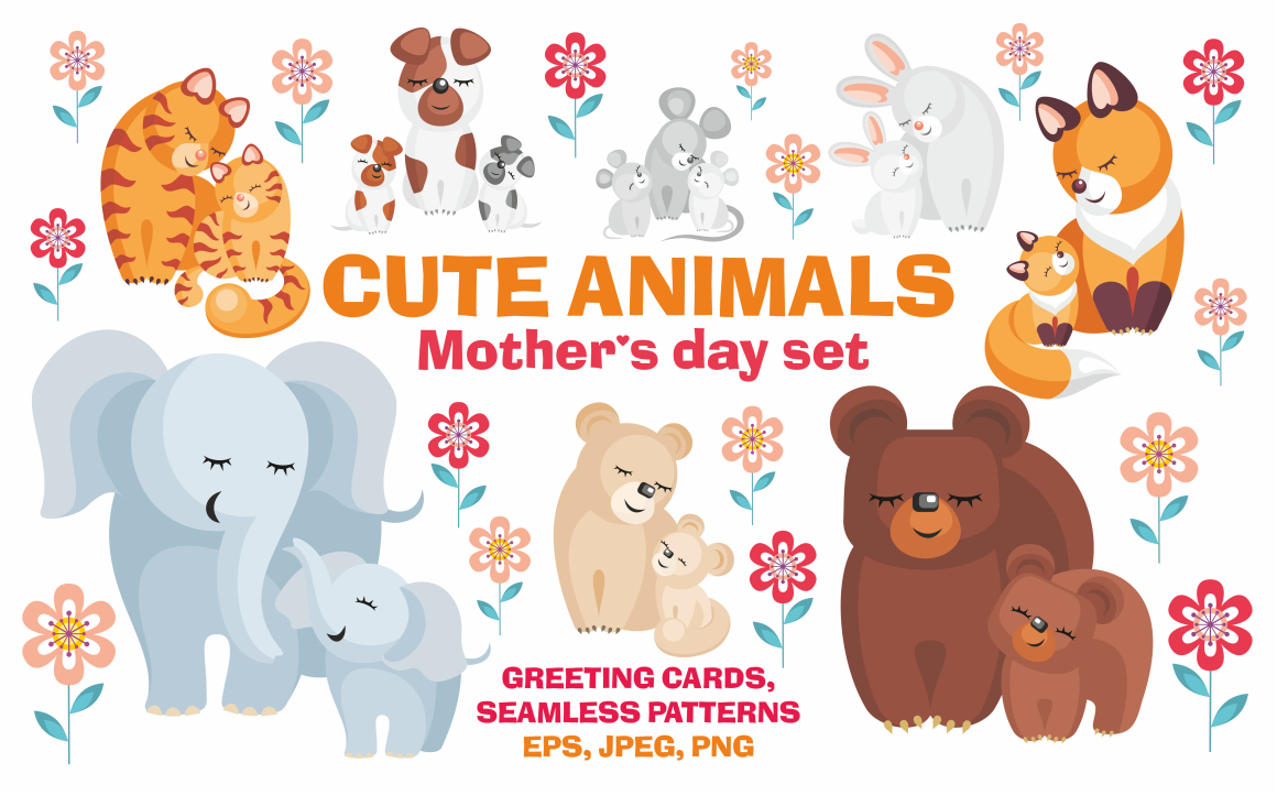 Cute animals. Mother's Day set. Cute animals. Mother's Day set.