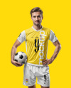 A Man with a Ball Wearing a V-Neck Soccer Jersey and Shorts Mockup