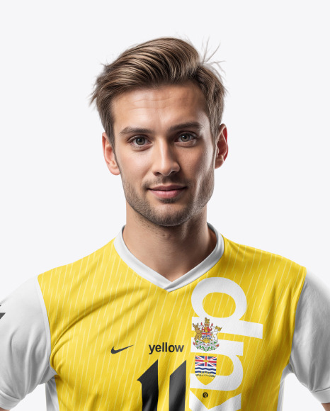 A Man with a Ball Wearing a V-Neck Soccer Jersey and Shorts Mockup