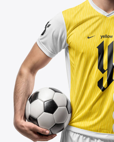 A Man with a Ball Wearing a V-Neck Soccer Jersey and Shorts Mockup