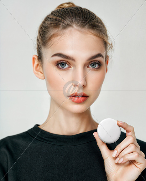 Woman Holding Round Button Pin in a Hand Mockup