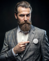 Bearded Man in Tweed Jacket Pointing to a Pin-Back Button Mockup