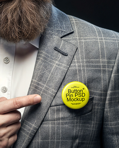 Bearded Man in Tweed Jacket Pointing to a Pin-Back Button Mockup