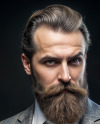 Bearded Man in Tweed Jacket Pointing to a Pin-Back Button Mockup