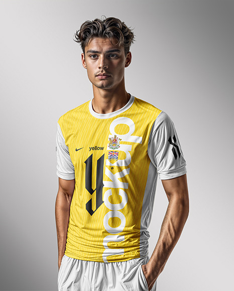 A Young Portugal Man Wearing Crew Neck Soccer Jersey and Shorts Mockup