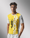 A Young Portugal Man Wearing Crew Neck Soccer Jersey and Shorts Mockup