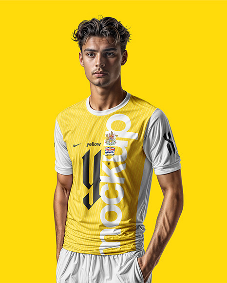 A Young Portugal Man Wearing Crew Neck Soccer Jersey and Shorts Mockup