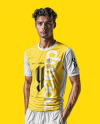 A Young Portugal Man Wearing Crew Neck Soccer Jersey and Shorts Mockup