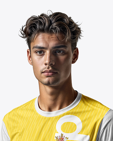 A Young Portugal Man Wearing Crew Neck Soccer Jersey and Shorts Mockup