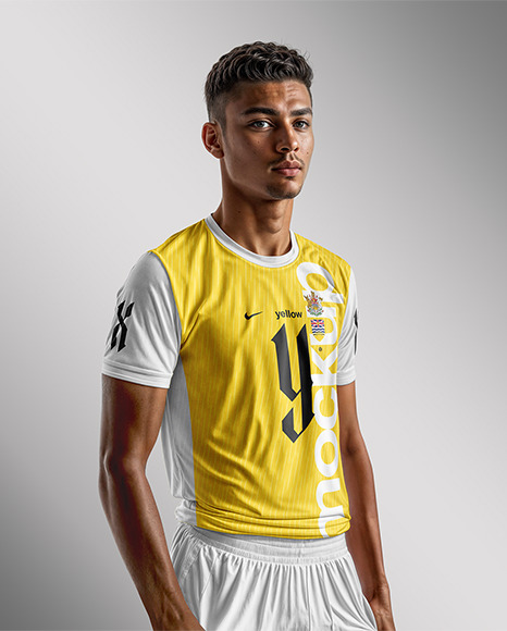 A Soccer Player Wearing a Crew Neck Jersey and Shorts Mockup