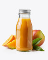 A Bottle of Mango Juice with Mango Pieces and Green Leafs Mockup