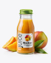 A Bottle of Mango Juice with Mango Pieces and Green Leafs Mockup