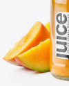 A Bottle of Mango Juice with Mango Pieces and Green Leafs Mockup