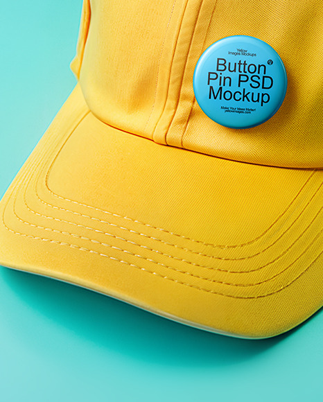 Round Button Pin on a Yellow Baseball Cap Mockup