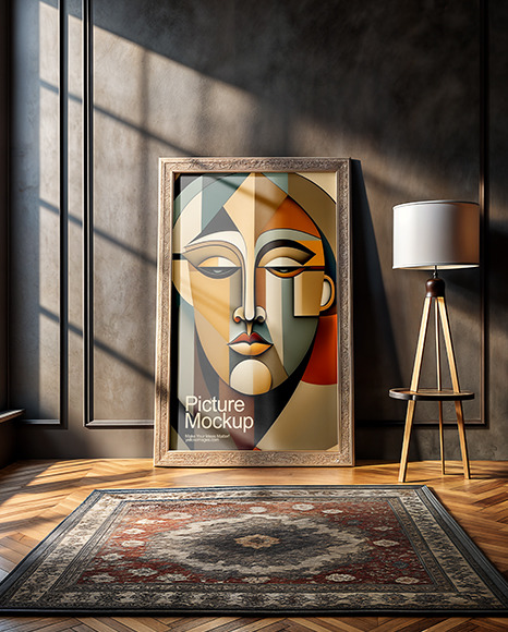 Framed Picture in Dark Room with Carpet Mockup