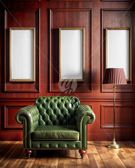 Three Wooden Framed Pictures with Green Chesterfield Chair Mockup