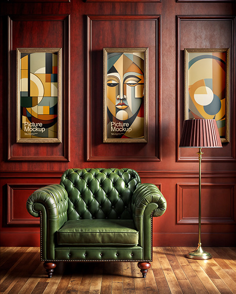 Three Wooden Framed Pictures with Green Chesterfield Chair Mockup