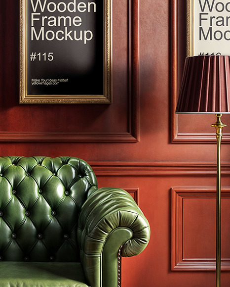 Three Wooden Framed Pictures with Green Chesterfield Chair Mockup