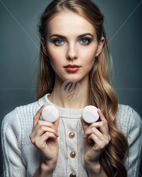 Young Woman Holding Two Button Pins Mockup