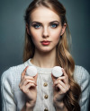 Young Woman Holding Two Button Pins Mockup