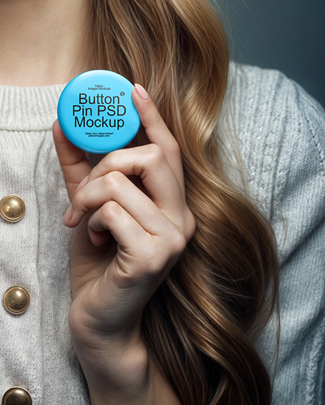 Young Woman Holding Two Button Pins Mockup