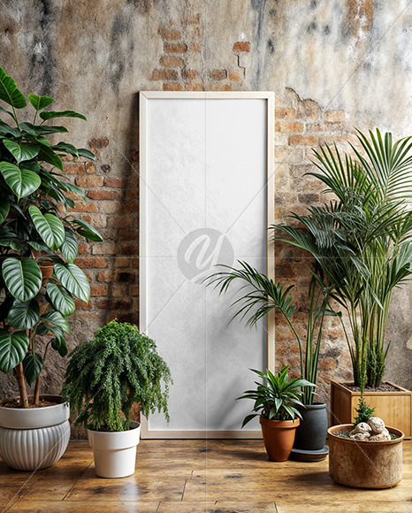 Wooden Framed Poster in a Plants Interior Mockup