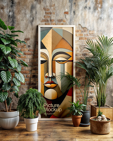 Wooden Framed Poster in a Plants Interior Mockup